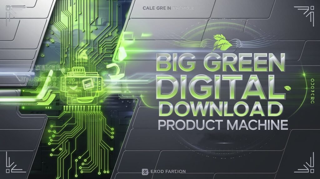 "Futuristic digital-themed banner featuring 'BIG GREEN DIGITAL DOWNLOAD PRODUCT MACHINE' in glowing green text, integrated with circuit board elements, neon tech details, and a high-tech metallic interface."