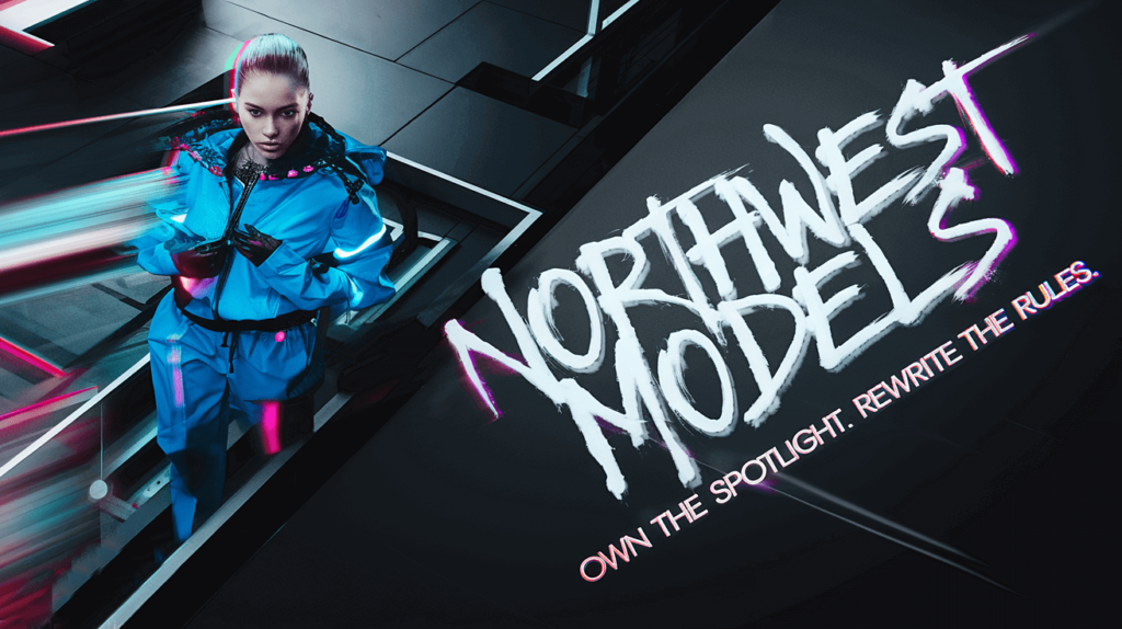 "A futuristic, high-energy fashion model in a bold electric blue outfit with neon pink and cyan light streaks, posing with intense confidence in an urban cyberpunk setting. The text 'Northwest Models' is styled in raw, graffiti-inspired typography with the tagline 'Own the Spotlight. Rewrite the Rules.'"