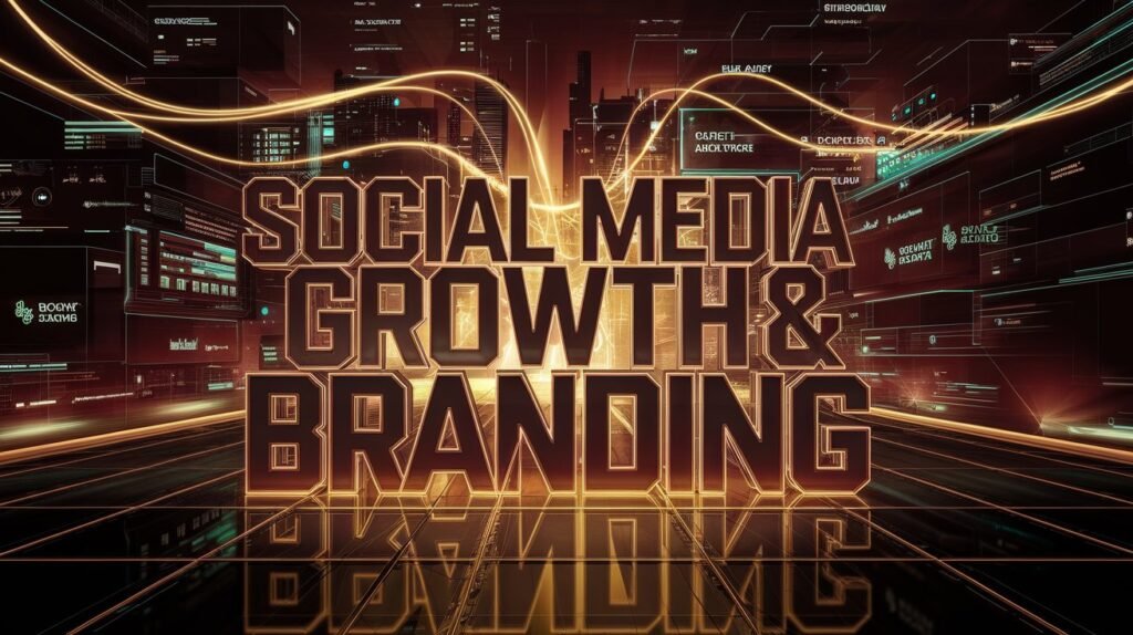 A futuristic digital environment with bold, illuminated 3D text reading "SOCIAL MEDIA GROWTH & BRANDING", glowing in gold and deep red neon hues. Floating holographic data panels display social media analytics, engagement metrics, and branding insights, symbolizing strategic digital influence and online success.