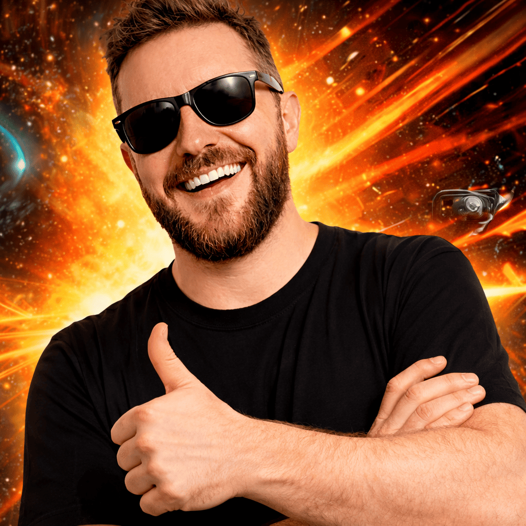 David Cooksey With a beard wearing black sunglasses and a black t-shirt giving a thumbs up against a dynamic orange and gold light burst background.