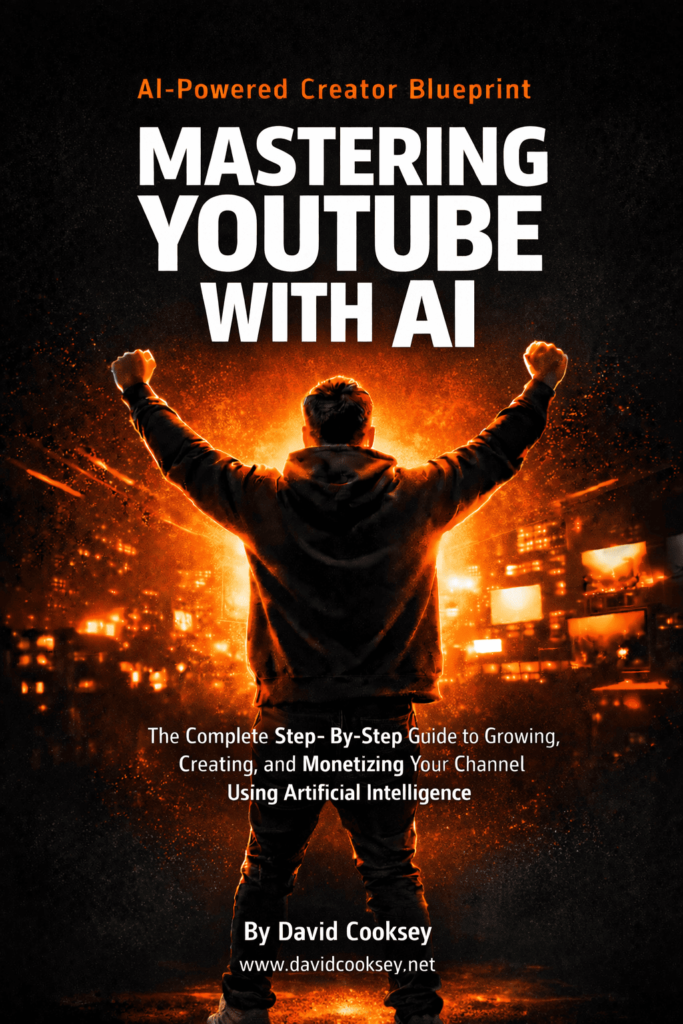 Mastering YouTube With AI eBook cover featuring a content creator raising his arms in victory against a glowing orange city skyline, by David Cooksey.